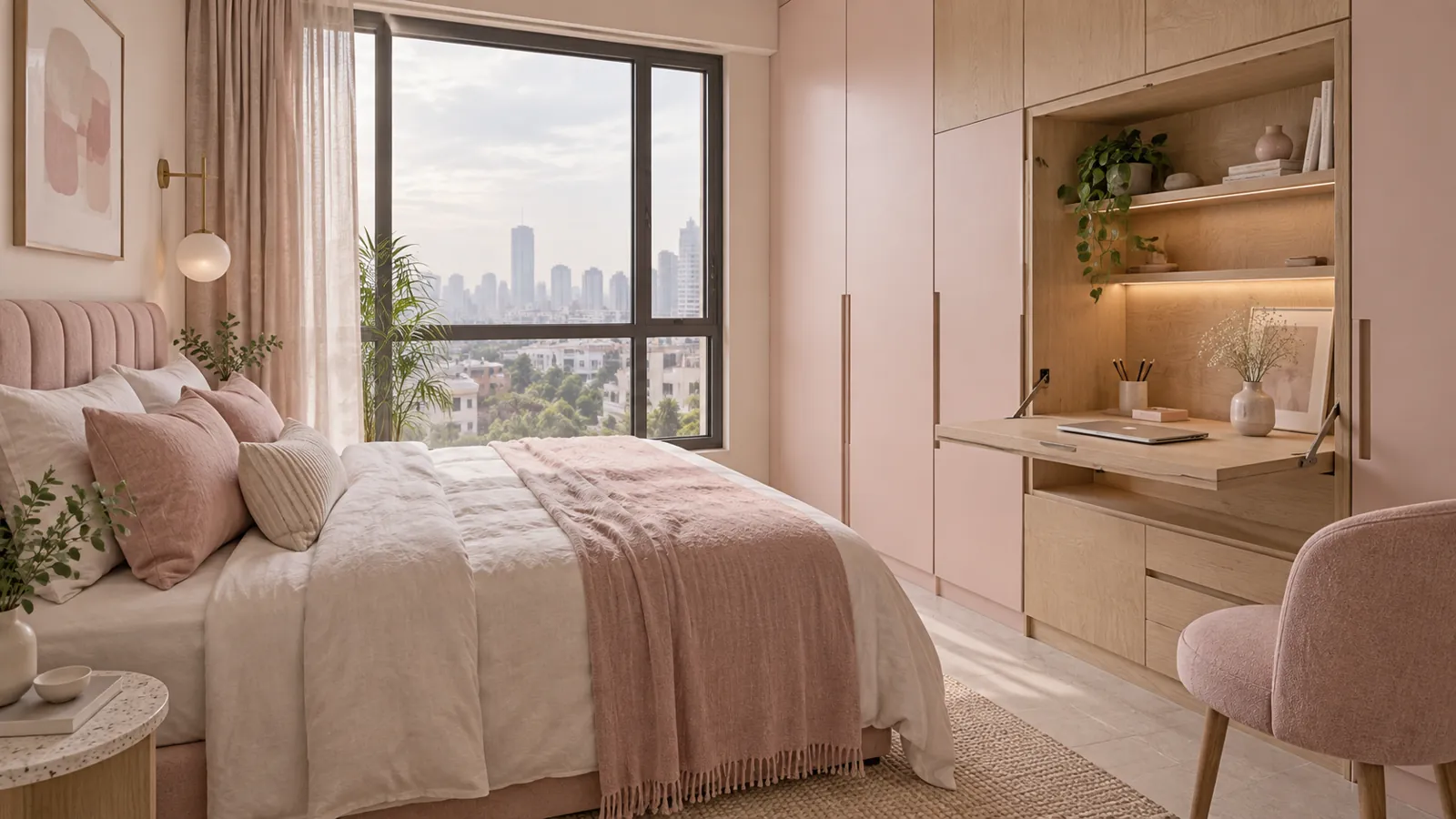 Slim wall desk integrated into pale bedroom cabinetry