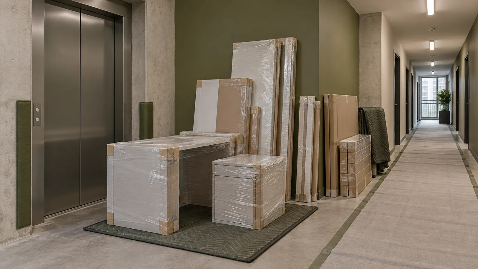 Wrapped modular desk parts prepared beside an apartment lift