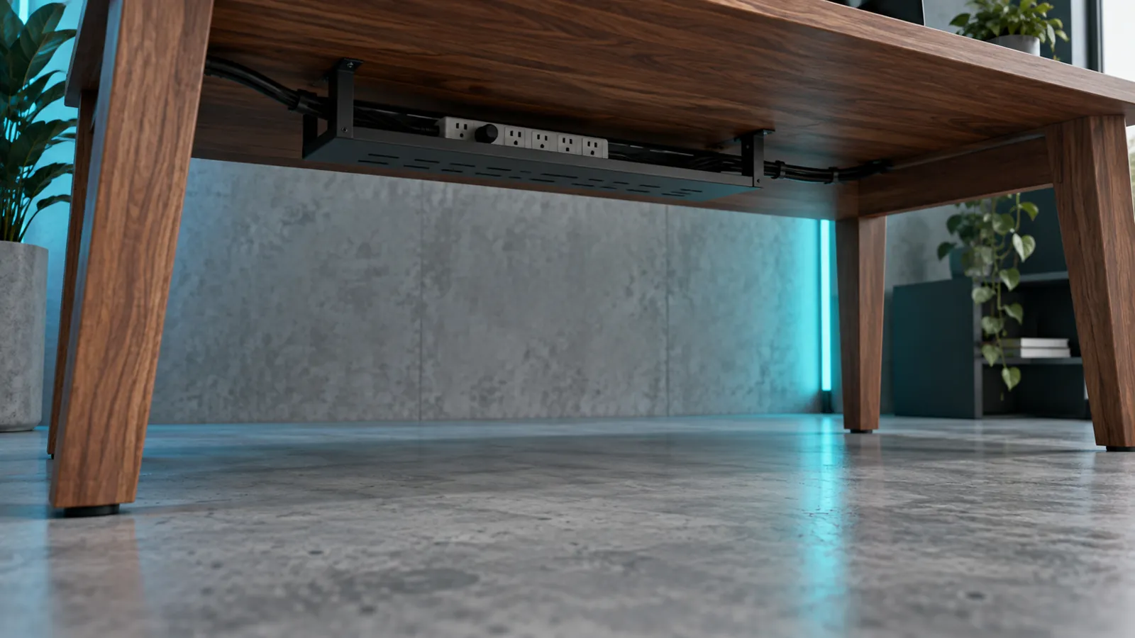Low view beneath a walnut desk showing clear leg space