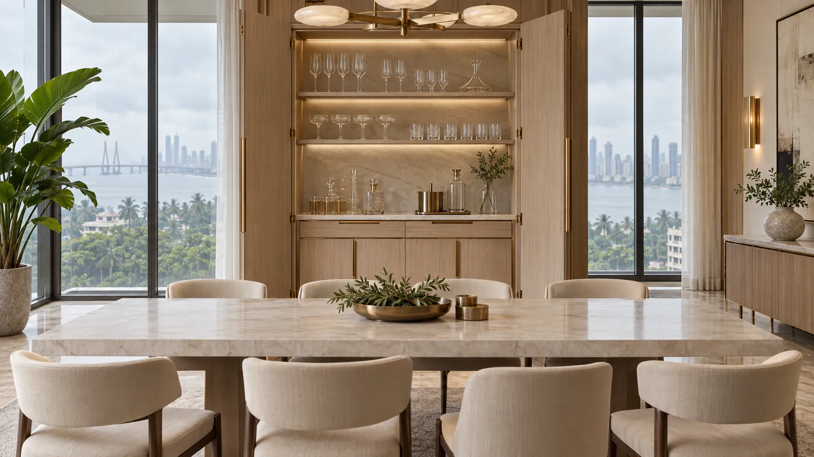 Open bespoke bar cabinet in a bright Mumbai dining room