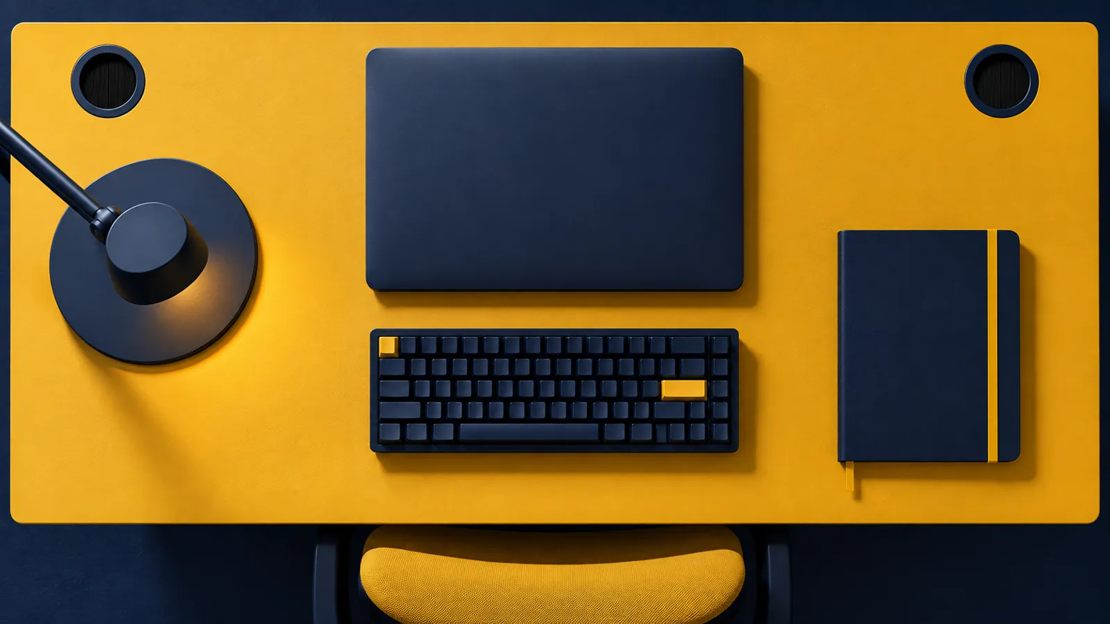Overhead custom desk plan with equipment and cable openings