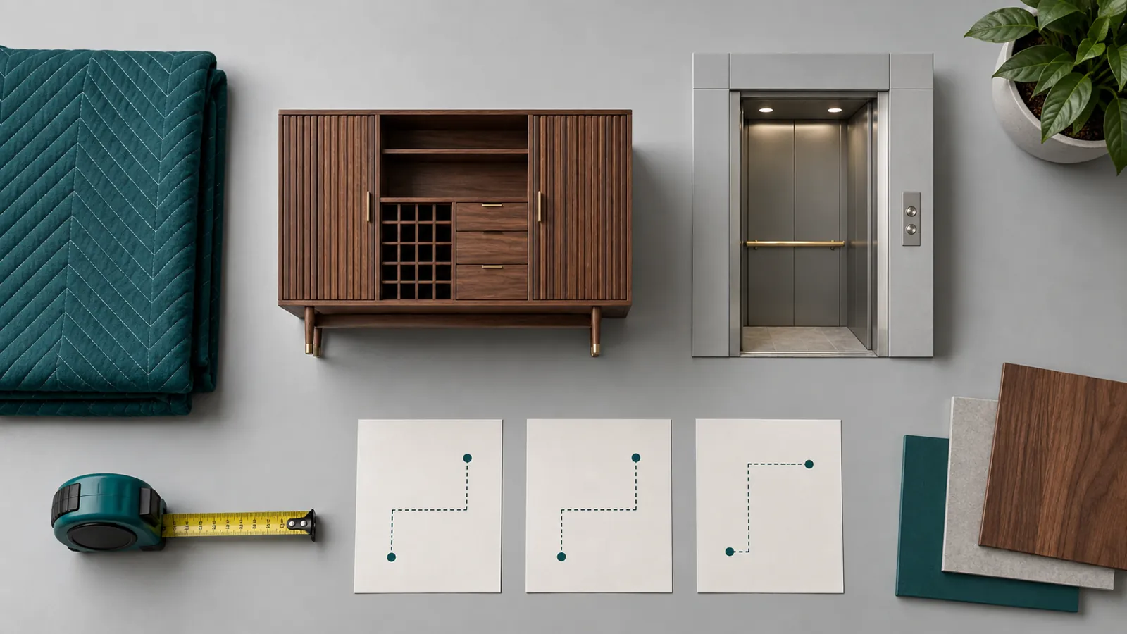Scale model showing an orderly bar cabinet delivery route beside a lift