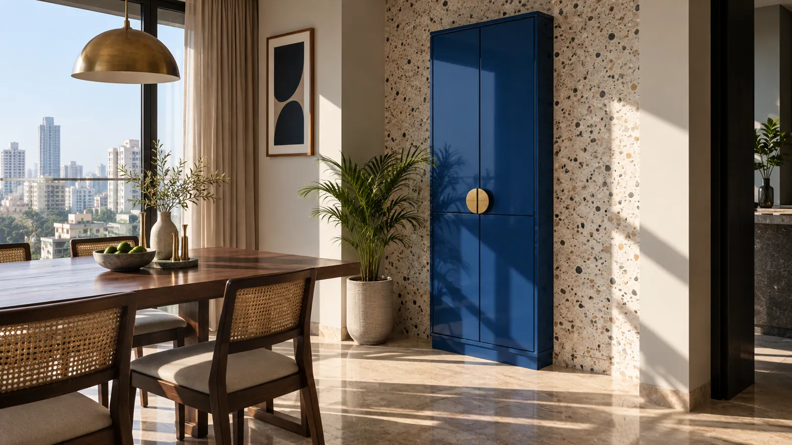 Slim cobalt bar cabinet in a sunlit apartment alcove