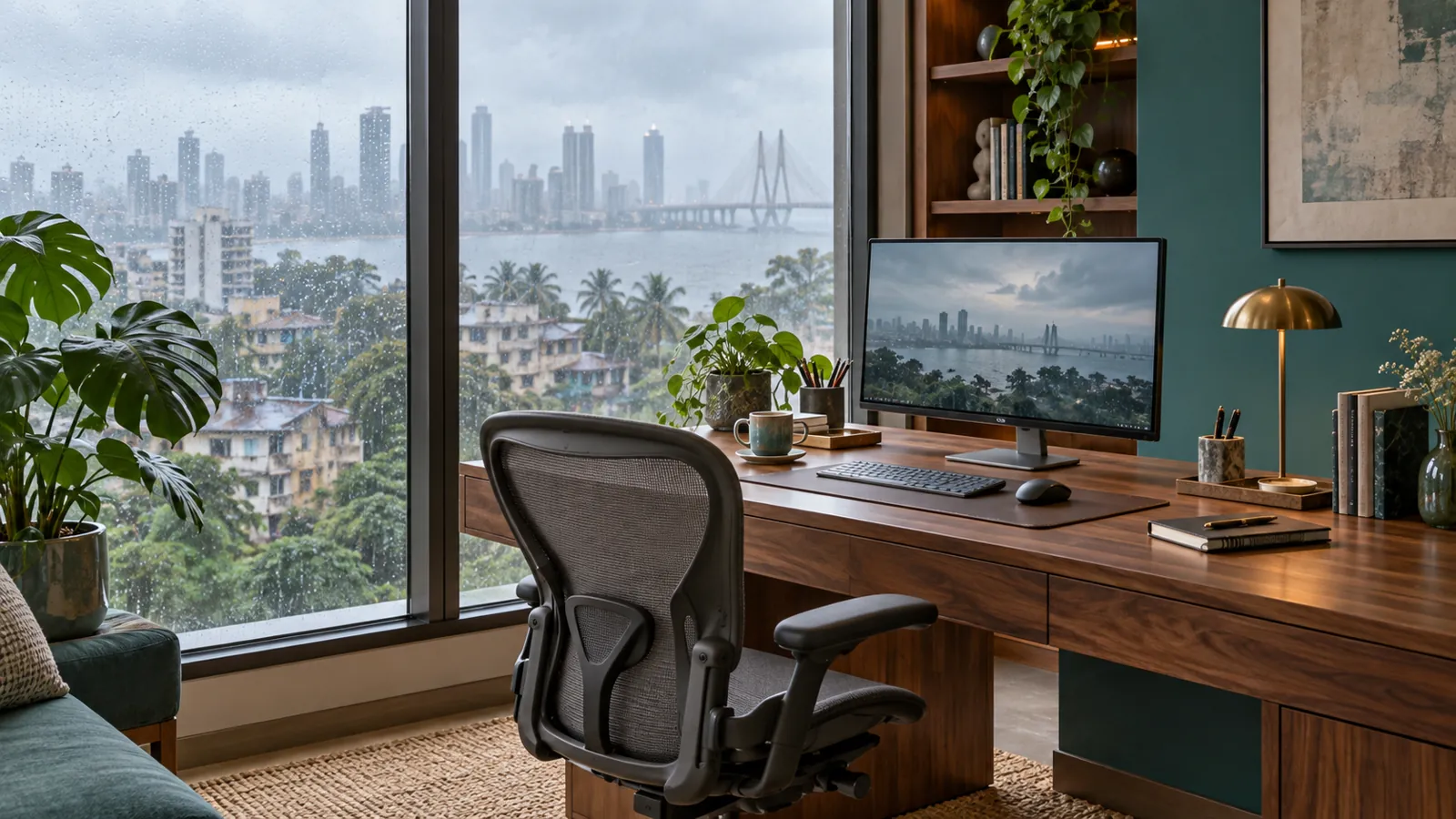 Teal and walnut ergonomic desk beside a rainy Mumbai window