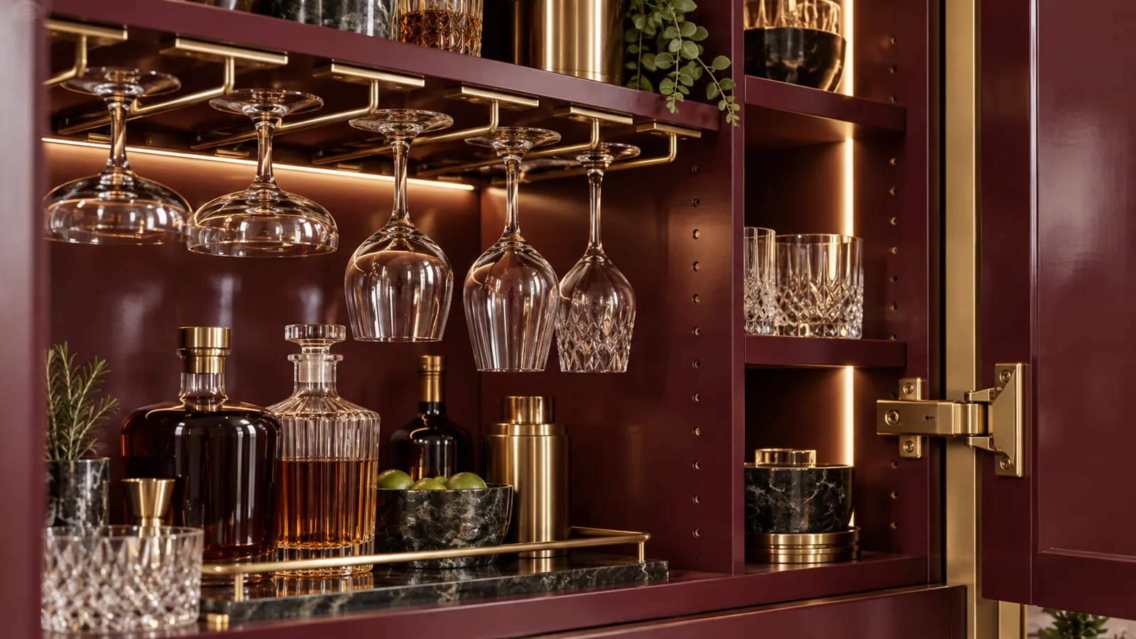 Warm-lit bar cabinet interior with shelves and stemware storage