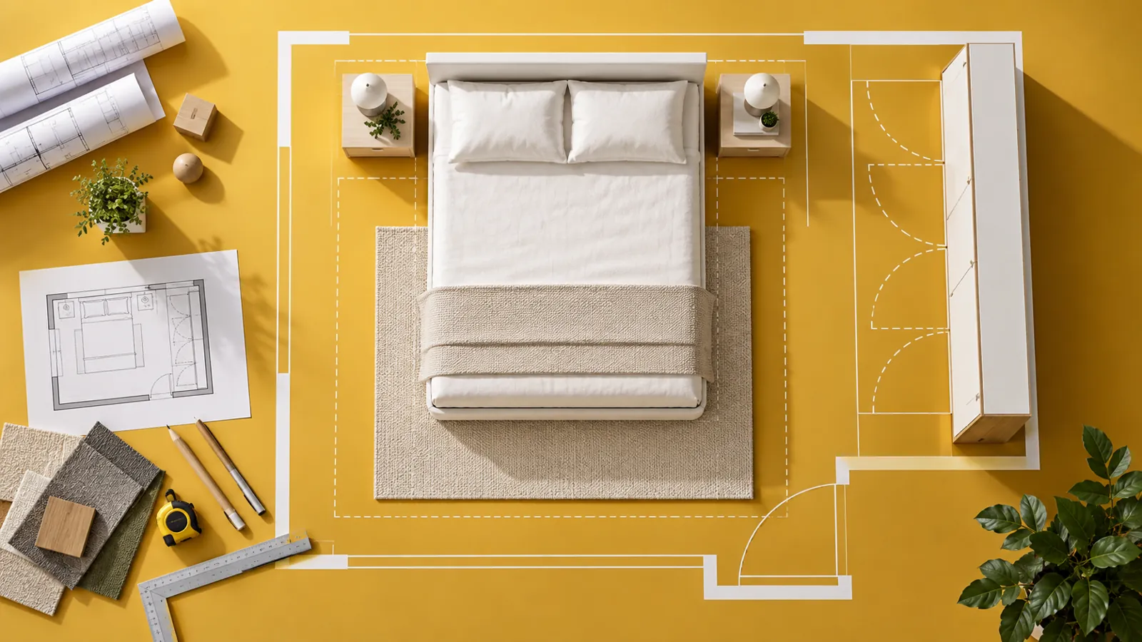 Bed and bedside templates arranged on a mustard floor plan