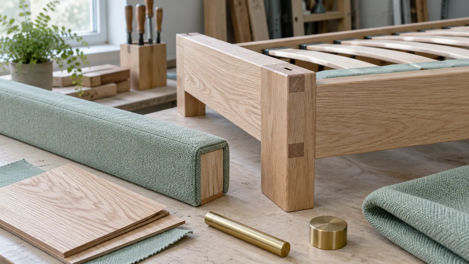 Bed frame joint, slat, upholstery and finish details on a bench