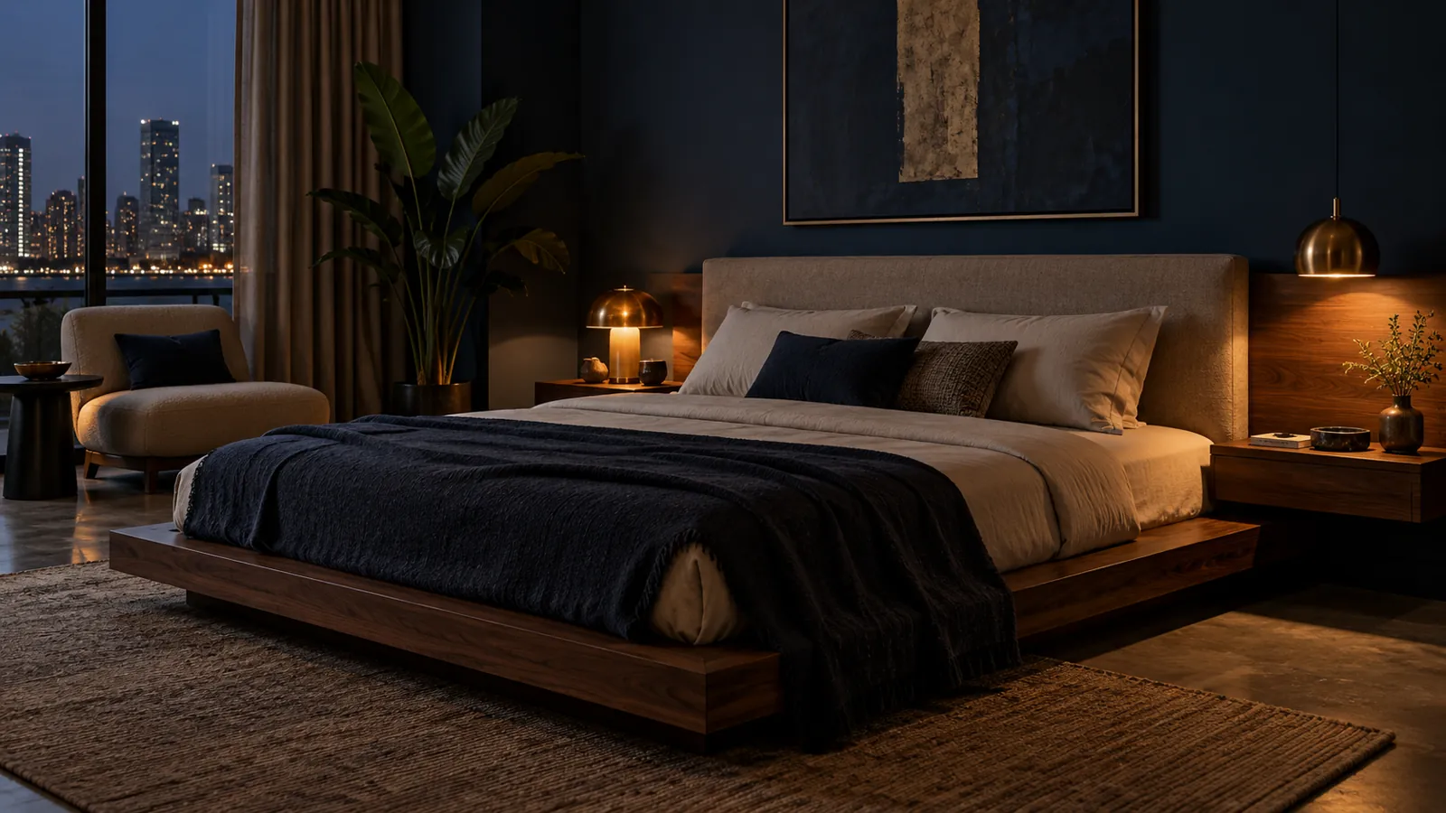 Bespoke walnut bed in a moody indigo Mumbai bedroom