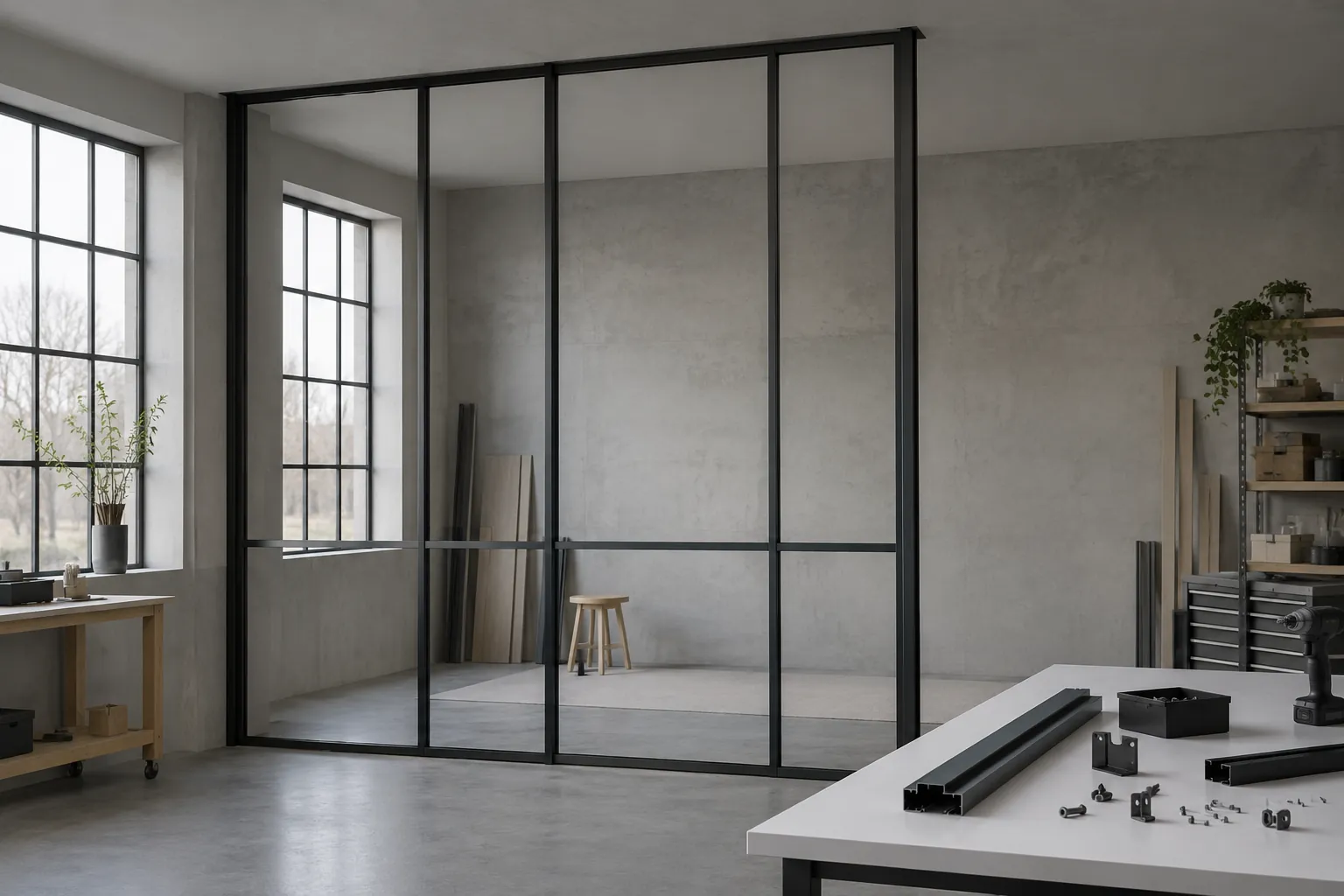 Black-framed glass partition and frame components in a grey workshop.