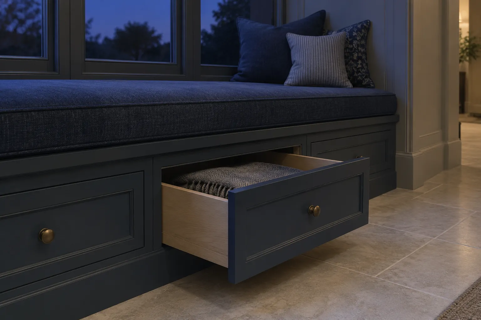 Blue upholstered window seat with a storage drawer open at dusk