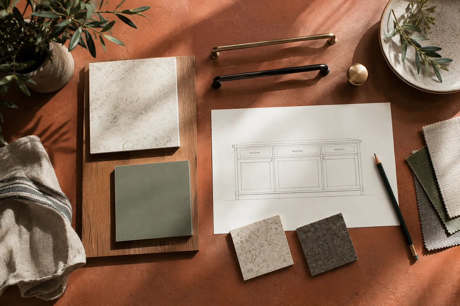 Board samples and drawer hardware on a terracotta workbench