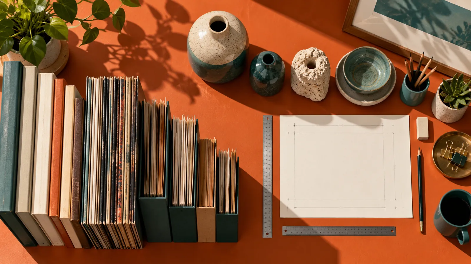 Books and objects grouped by height on a measured worktable