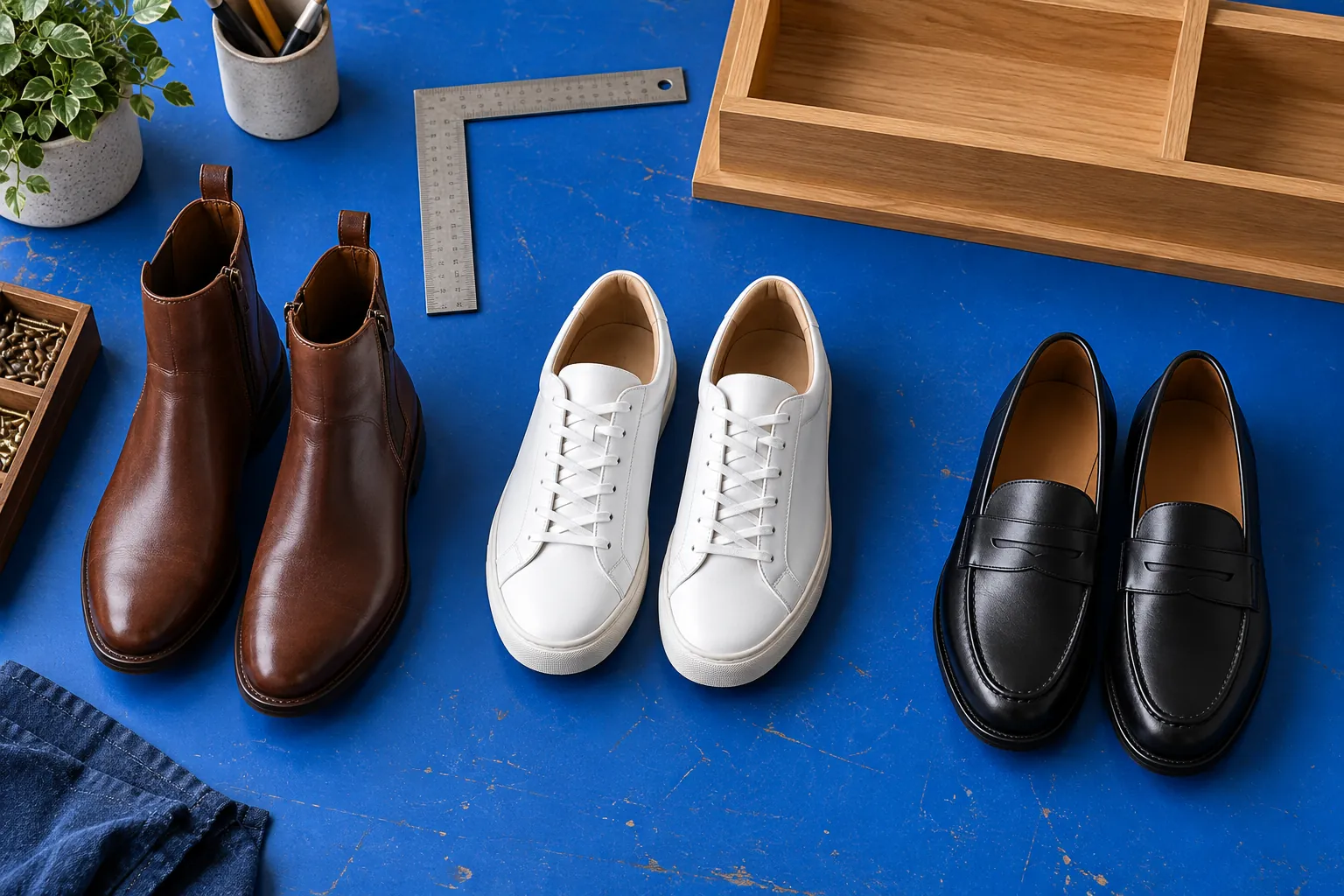 Boots, trainers and loafers laid out on a cobalt measurement workbench