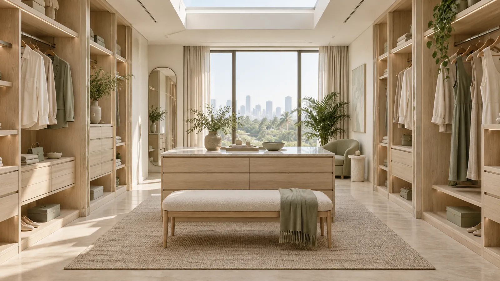 Bright airy pale oak walk-in wardrobe in a Mumbai apartment