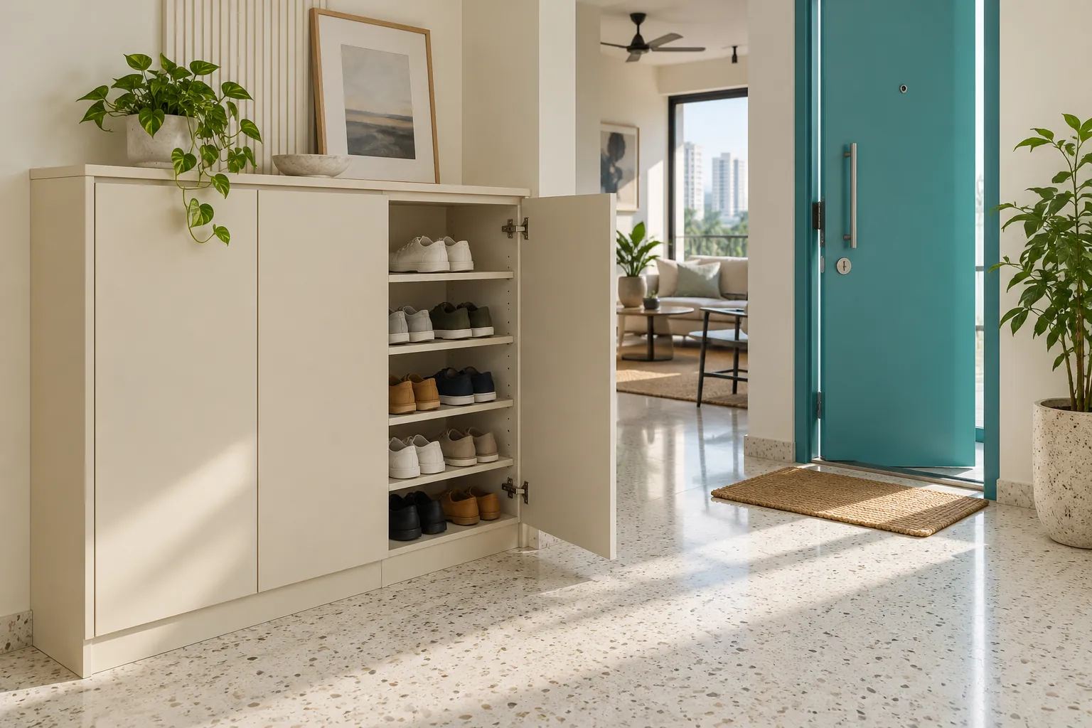Bright entry with open white shoe cabinet and teal front door