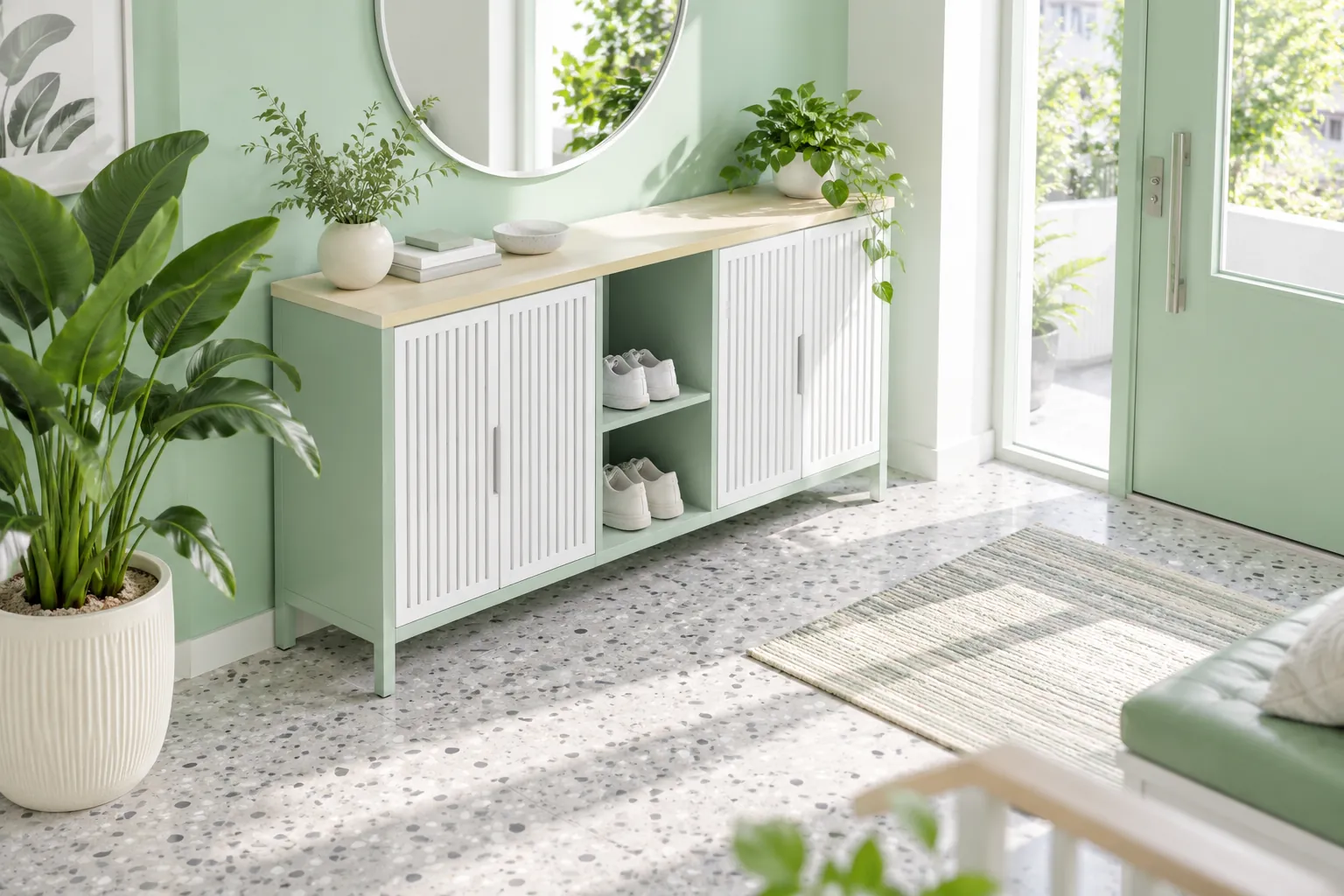 Bright mint entryway with white slatted shoe storage and an open cubby
