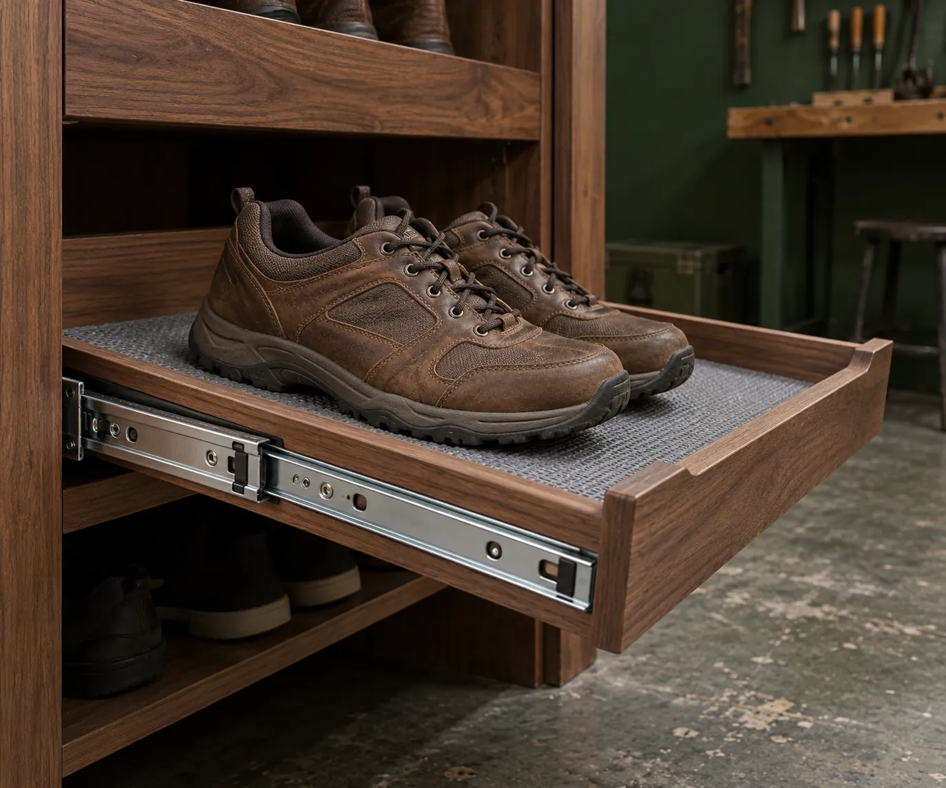 Brown walking shoes on a wooden pull-out shelf with visible runners