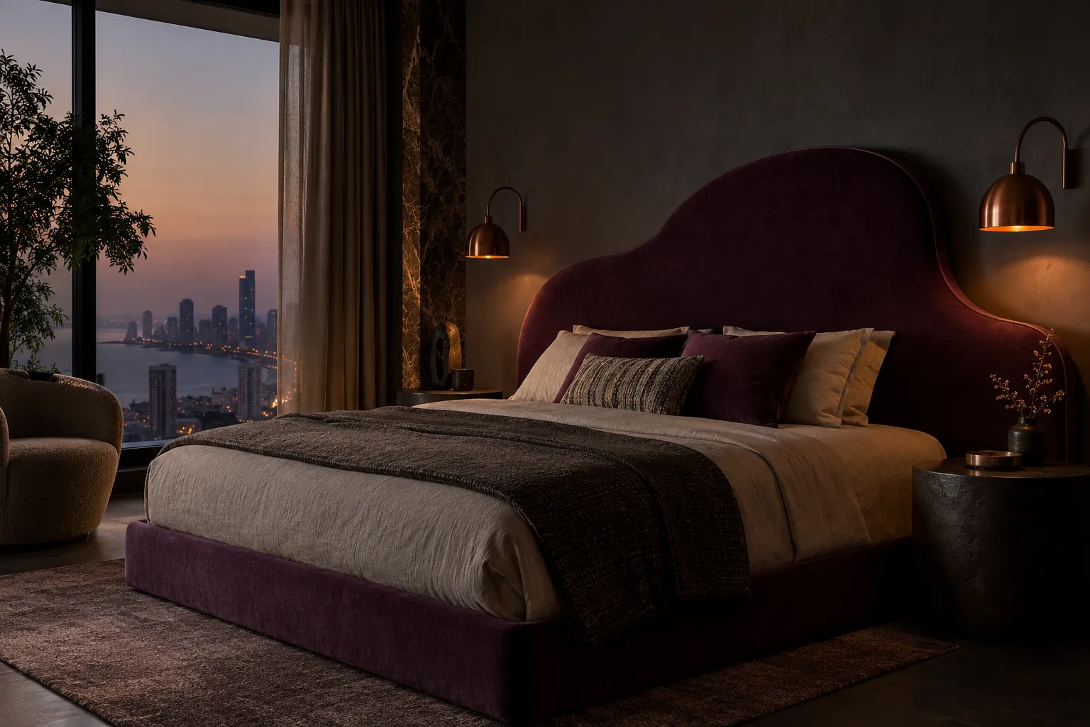 Burgundy upholstered headboard in a dark Mumbai bedroom with amber wall lamps.