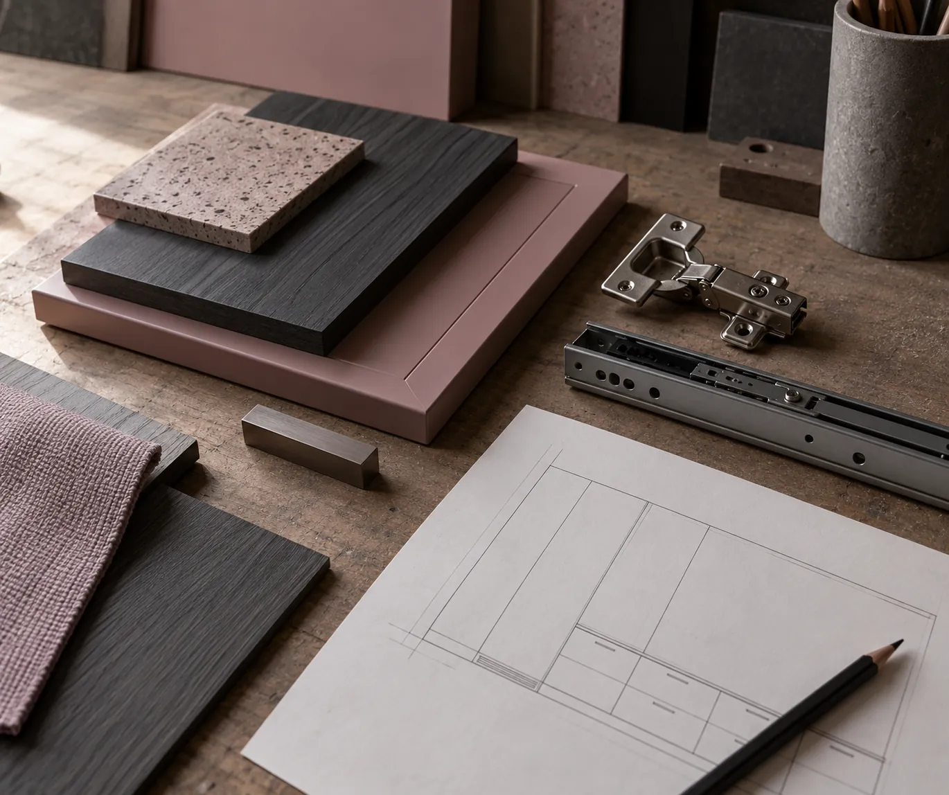 Cabinet finish samples and hardware beside a pencil sketch on a worktable