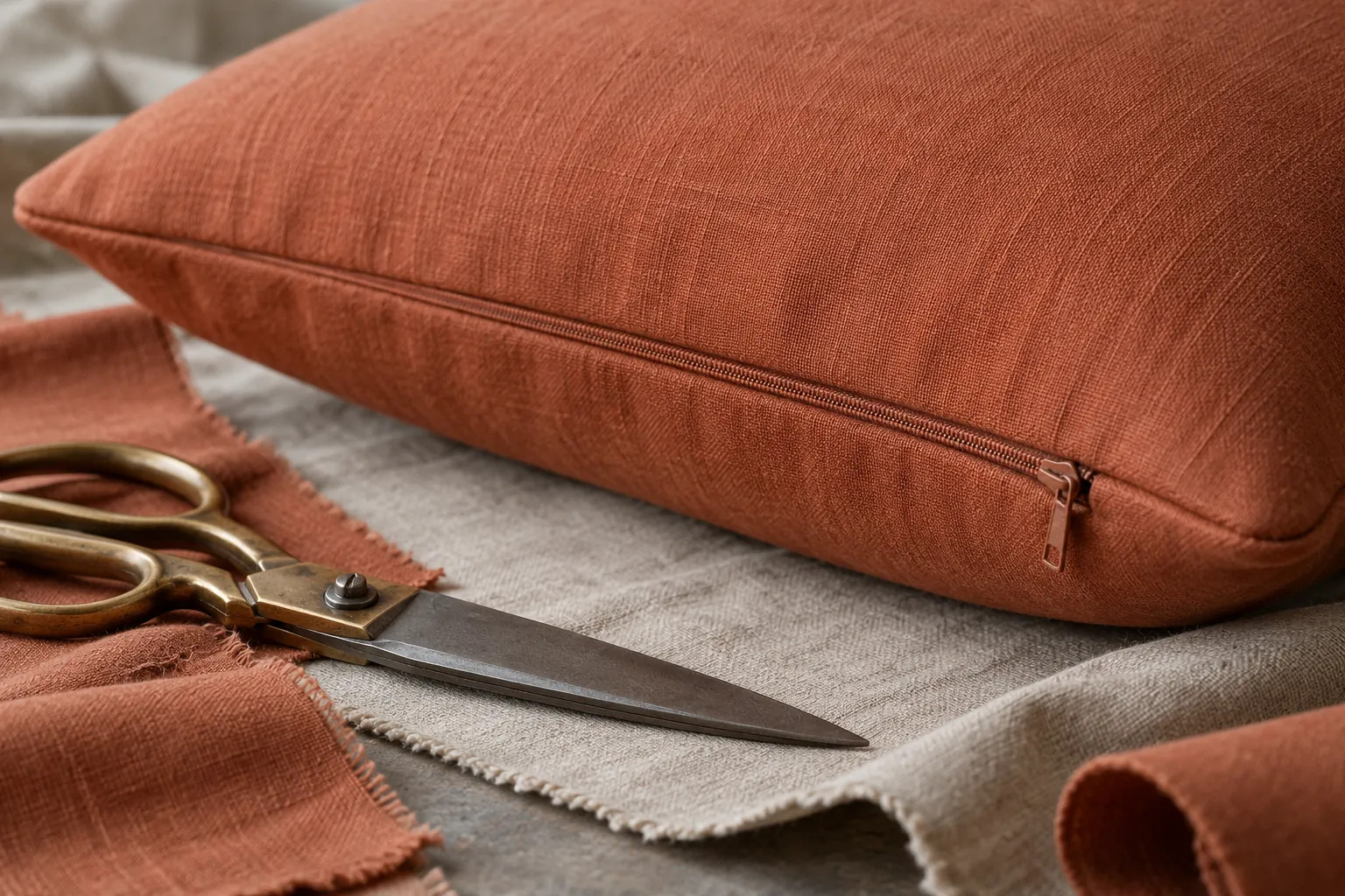 Close-up of a terracotta cushion zip and tailored seam in a mint workshop
