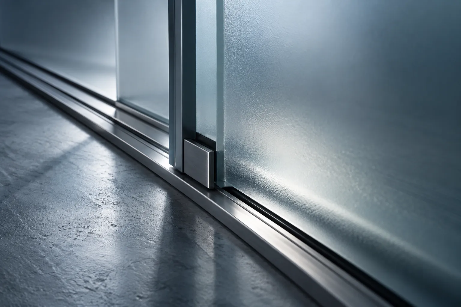 Close-up of the bottom track and metal frame of a frosted-glass sliding partition.