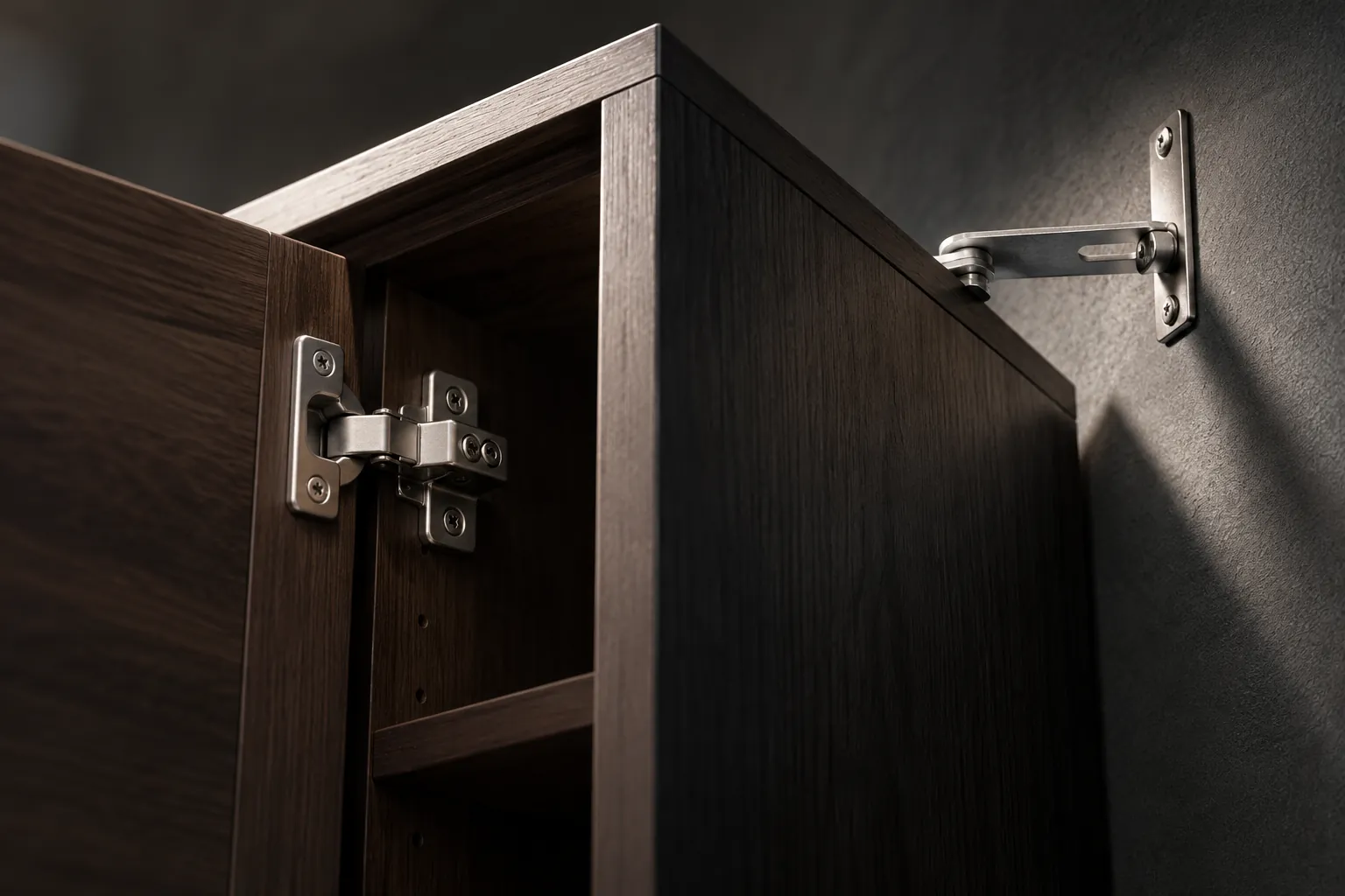 Close view of cabinet hardware and a wall fixing bracket