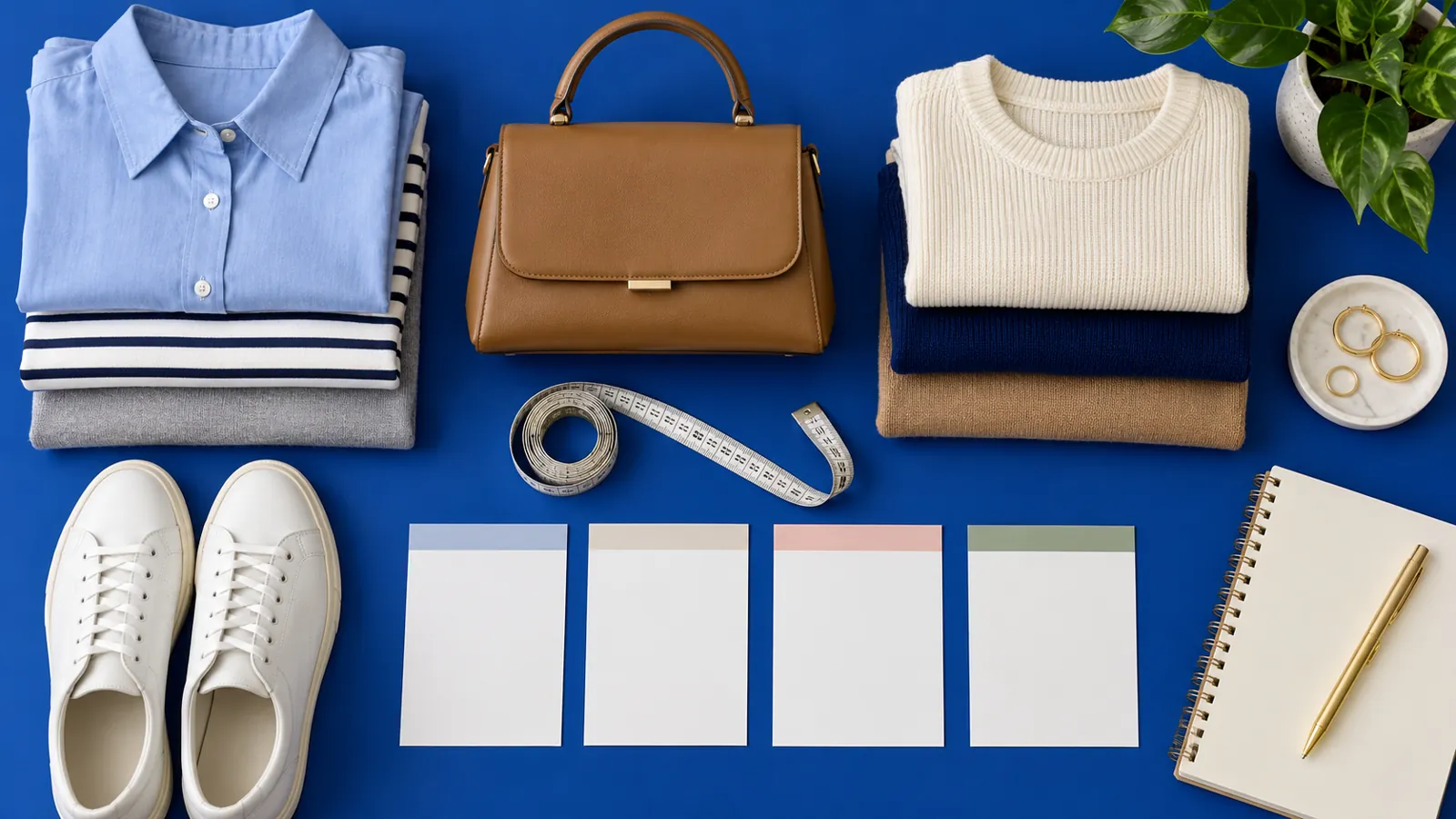 Clothing, shoes, bag and measuring tools in an overhead layout