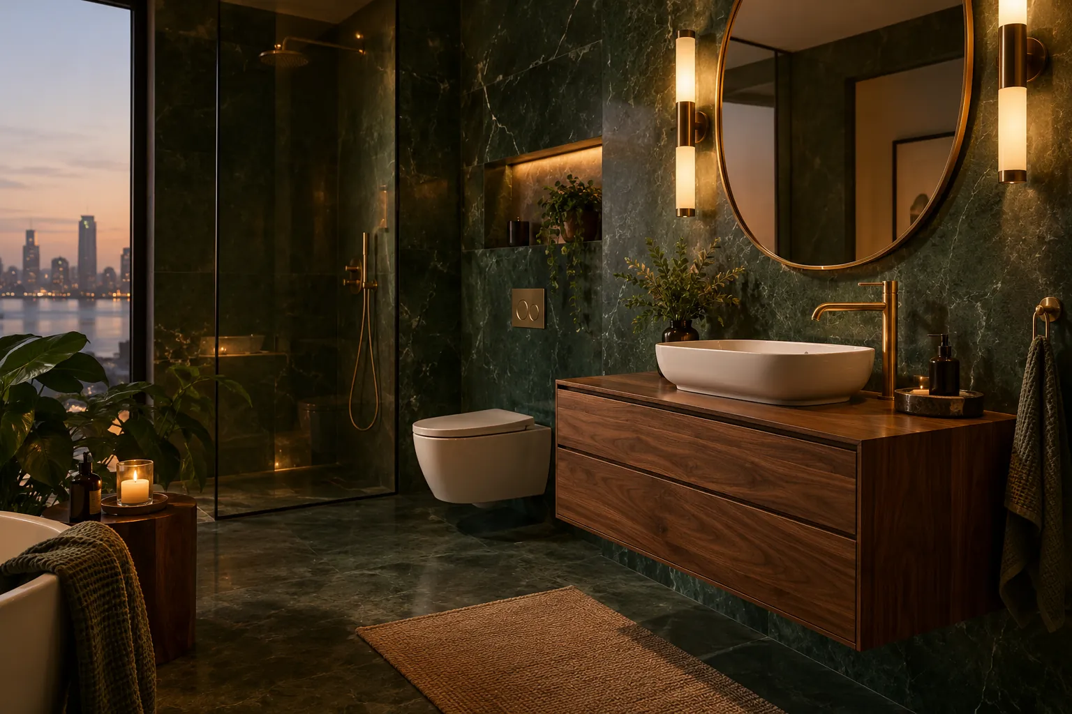 Concept floating walnut vanity in an emerald bathroom with amber light
