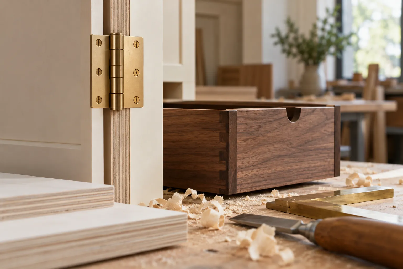 Concept illustration: Brass hinge and wooden drawer joinery in an ivory cabinetry workshop