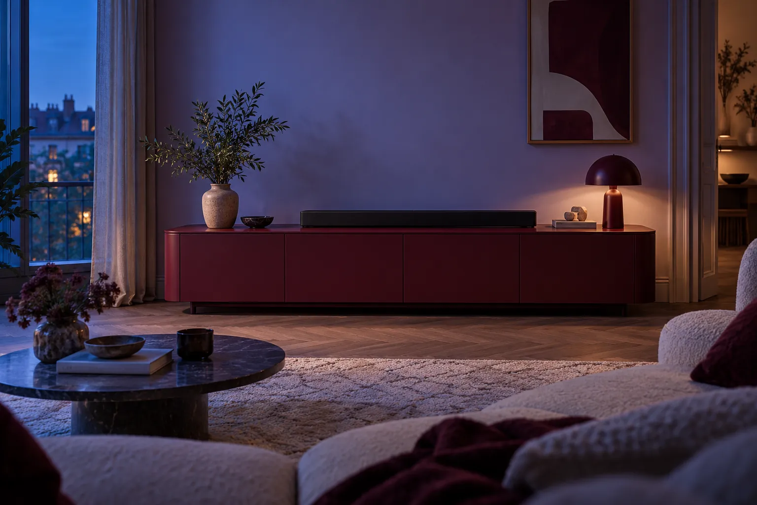 Concept illustration: Burgundy media unit and soundbar in a lilac evening family room