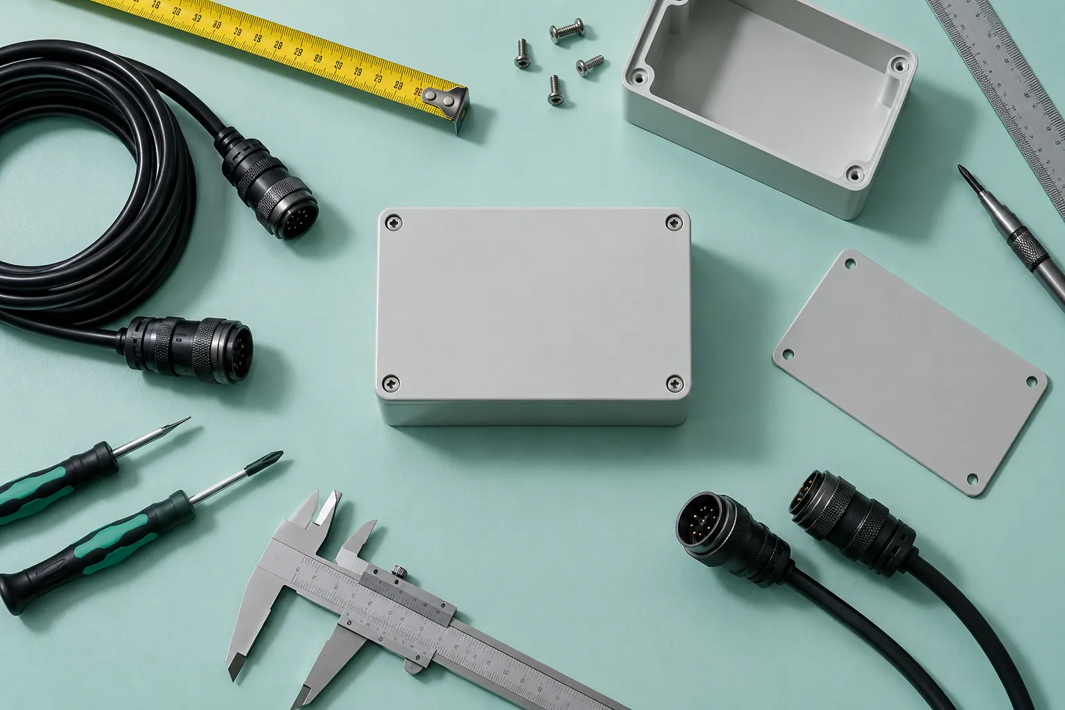 Concept illustration: Cable connectors and measuring tape on a mint technical workbench