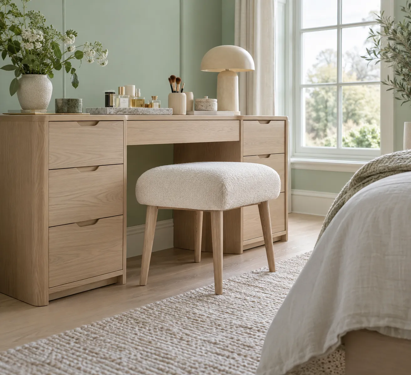 Concept illustration: Clear knee space beneath an ash dressing table in a mint room