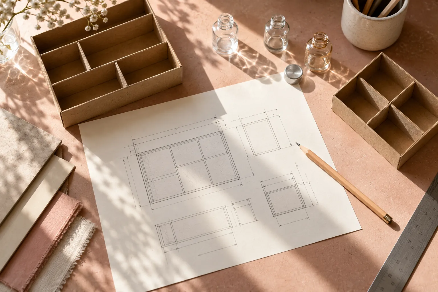 Concept illustration: Drawer dividers and empty bottles on a blush planning workbench