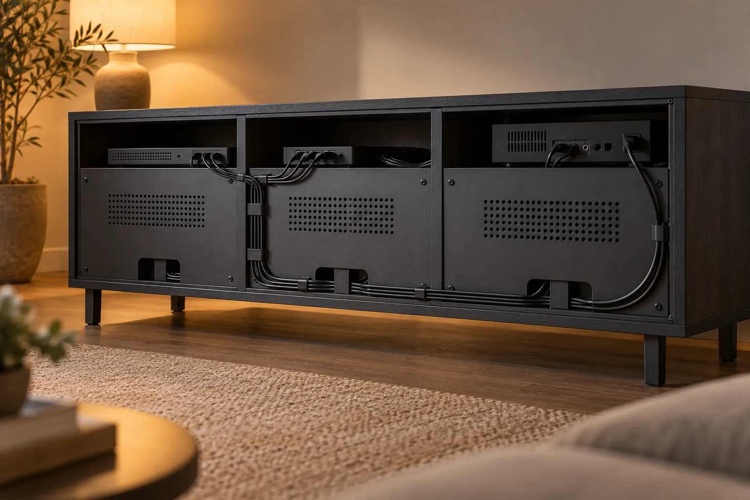 Concept illustration: Rear access and ventilation panel of a charcoal media cabinet