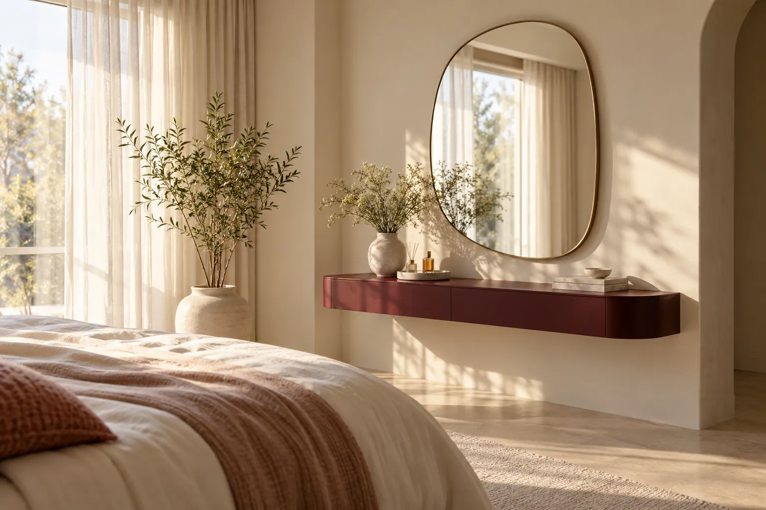 Concept illustration: Rounded mirror and burgundy dressing shelf in an airy ivory bedroom