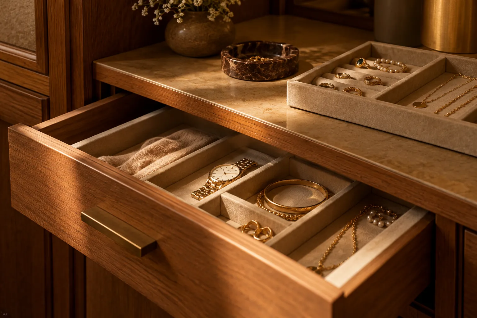 Concept illustration: Shallow drawer and separate lined jewellery tray in an ochre workshop