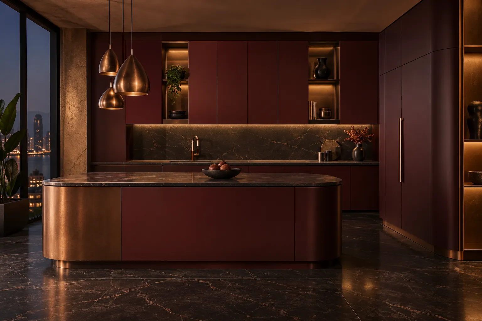 Conceptual burgundy kitchen with curved island and copper pendant lighting