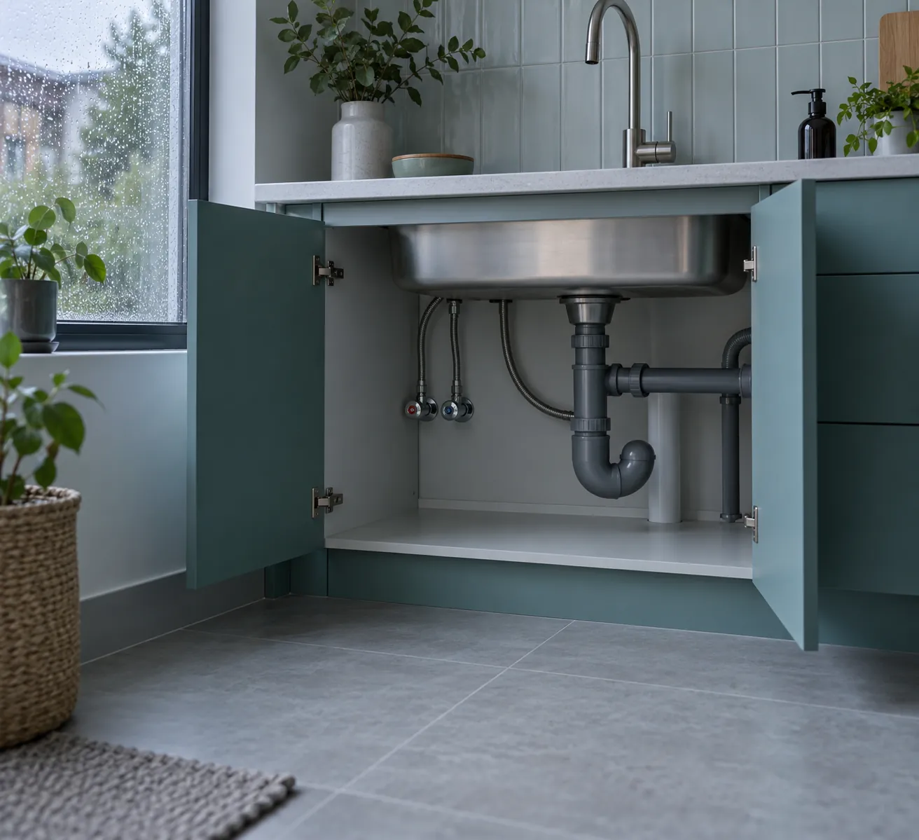 Conceptual open teal sink cabinet showing basin underside and plumbing