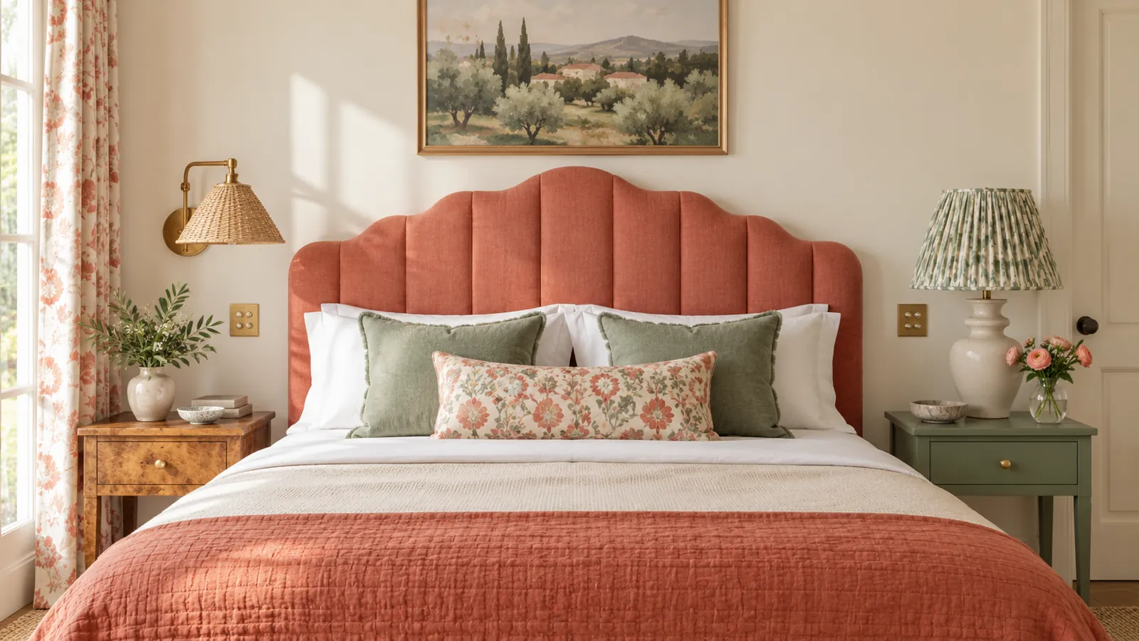 Coral headboard coordinated with lights, switches and curtain