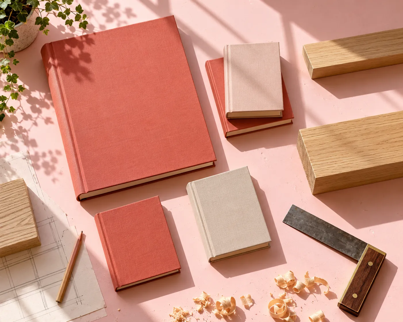 Coral workshop flat lay with books, shelf samples and measuring tools
