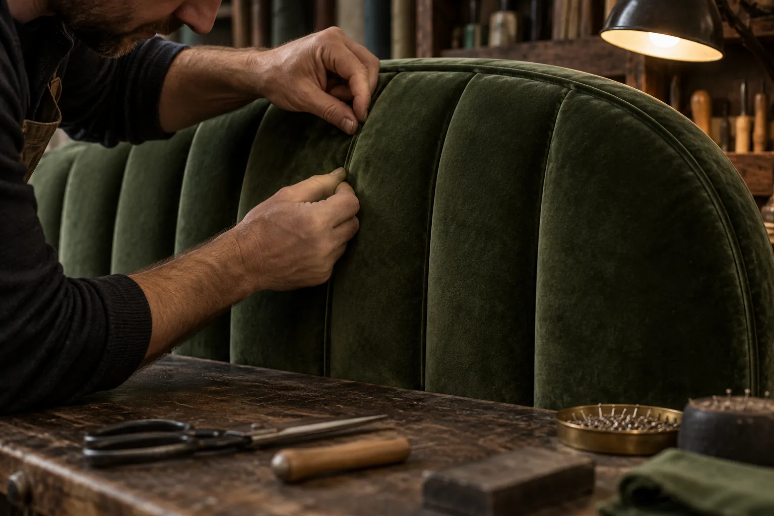 Craftsperson working on a green upholstered headboard panel at a workbench.