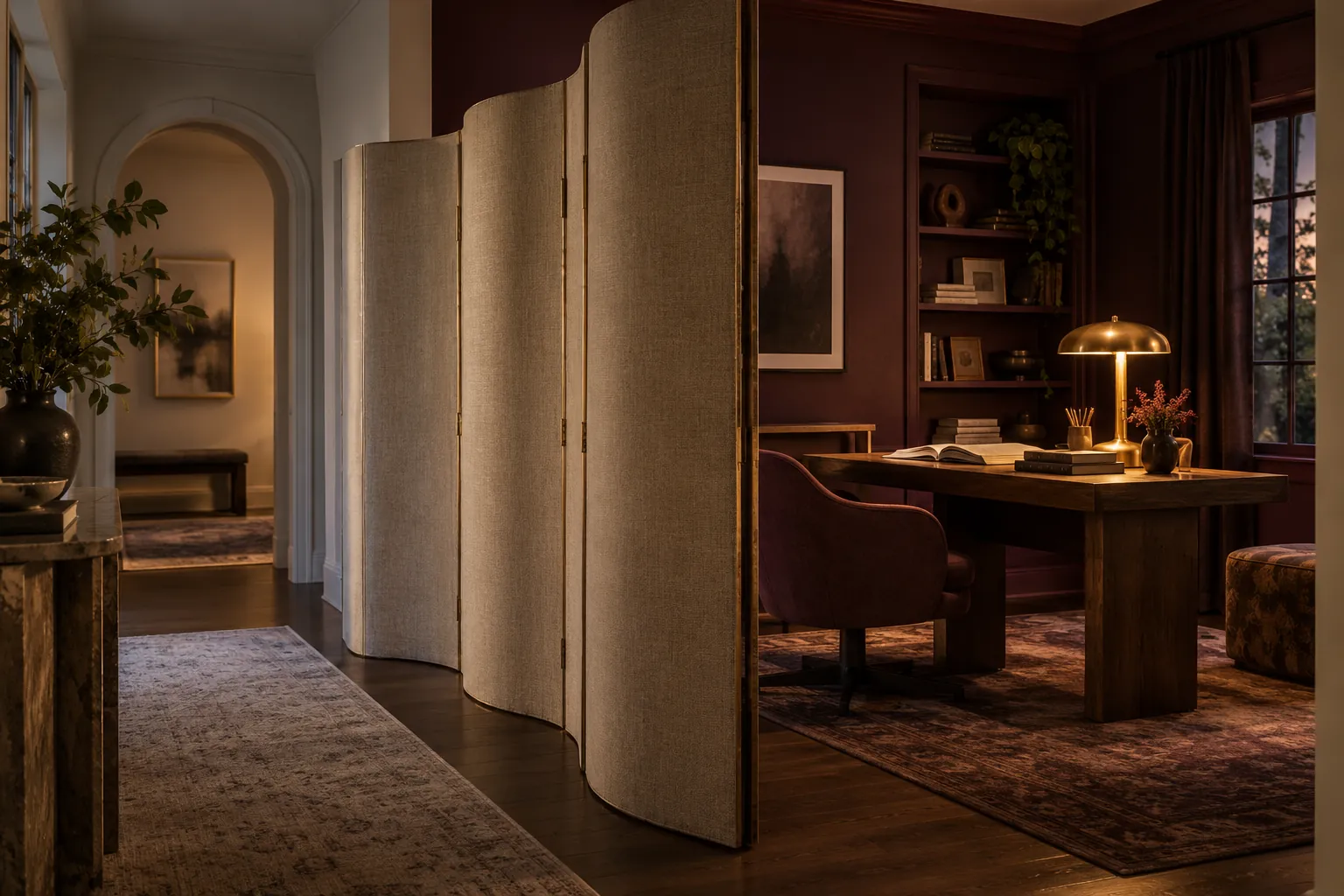 Cream folding room divider between a hallway and warmly lit dark-wood study.