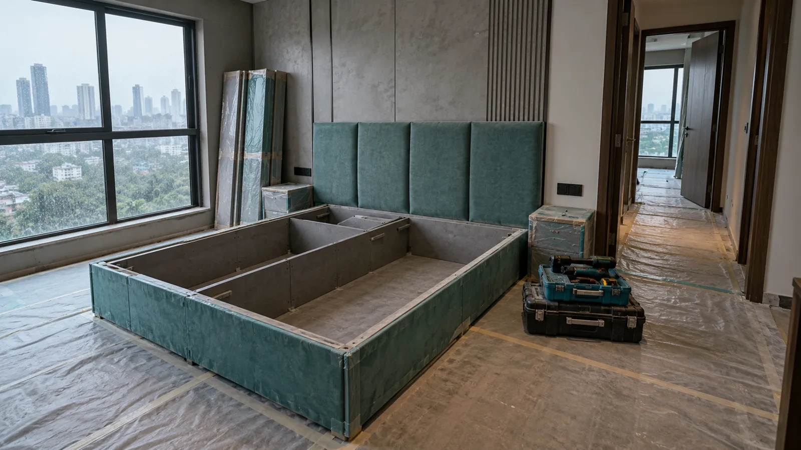 Custom bed panels staged in a Mumbai bedroom before installation