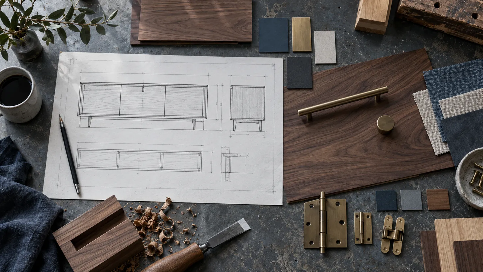 Custom sideboard drawing with veneer, hardware and finish samples