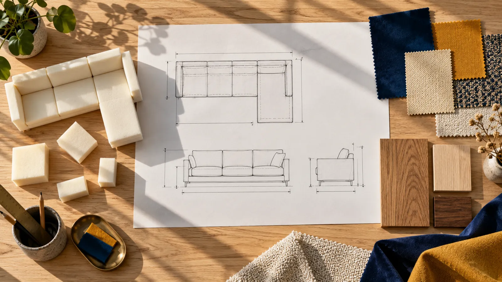 Custom sofa drawing, foam blocks, timber and fabric samples