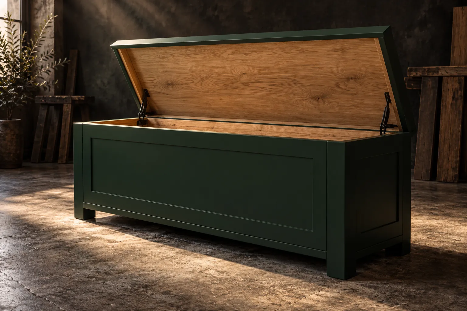 Dark green storage bench with its hinged lid open in a charcoal workshop