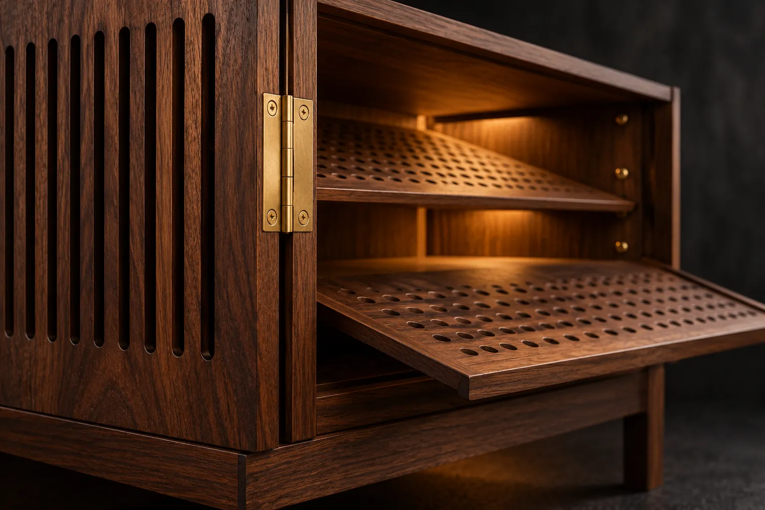 Dark ventilated wooden cabinet with perforated shelving and brass hardware
