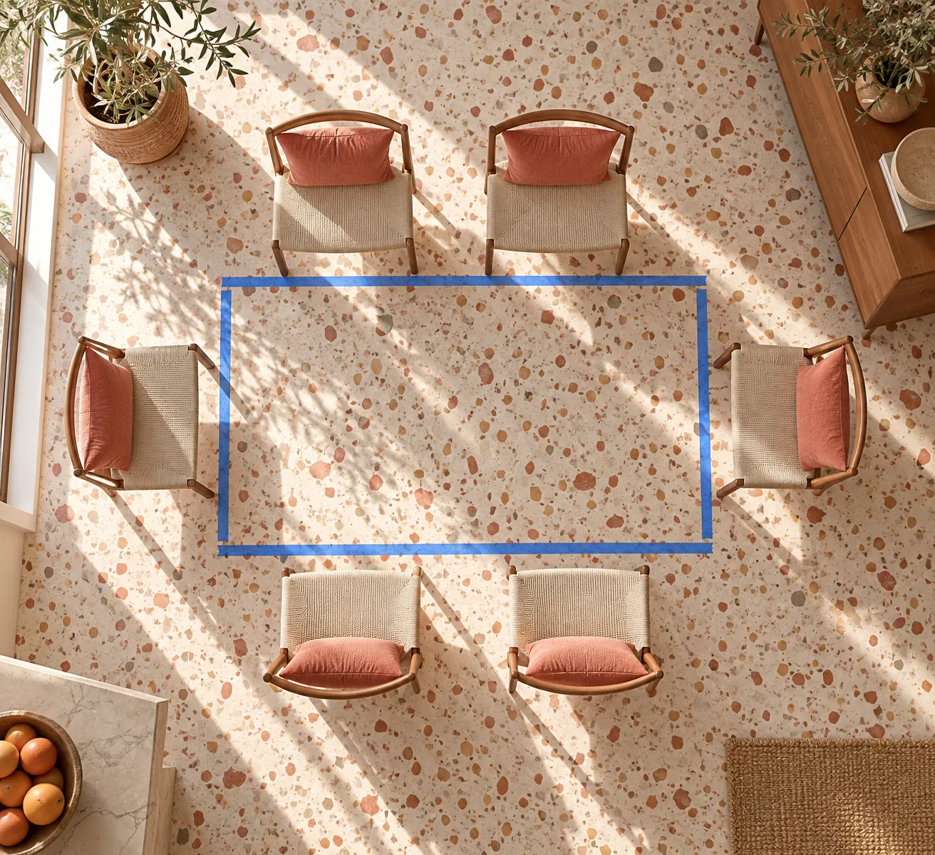 Dining table footprint and pulled-out chairs marked on terrazzo