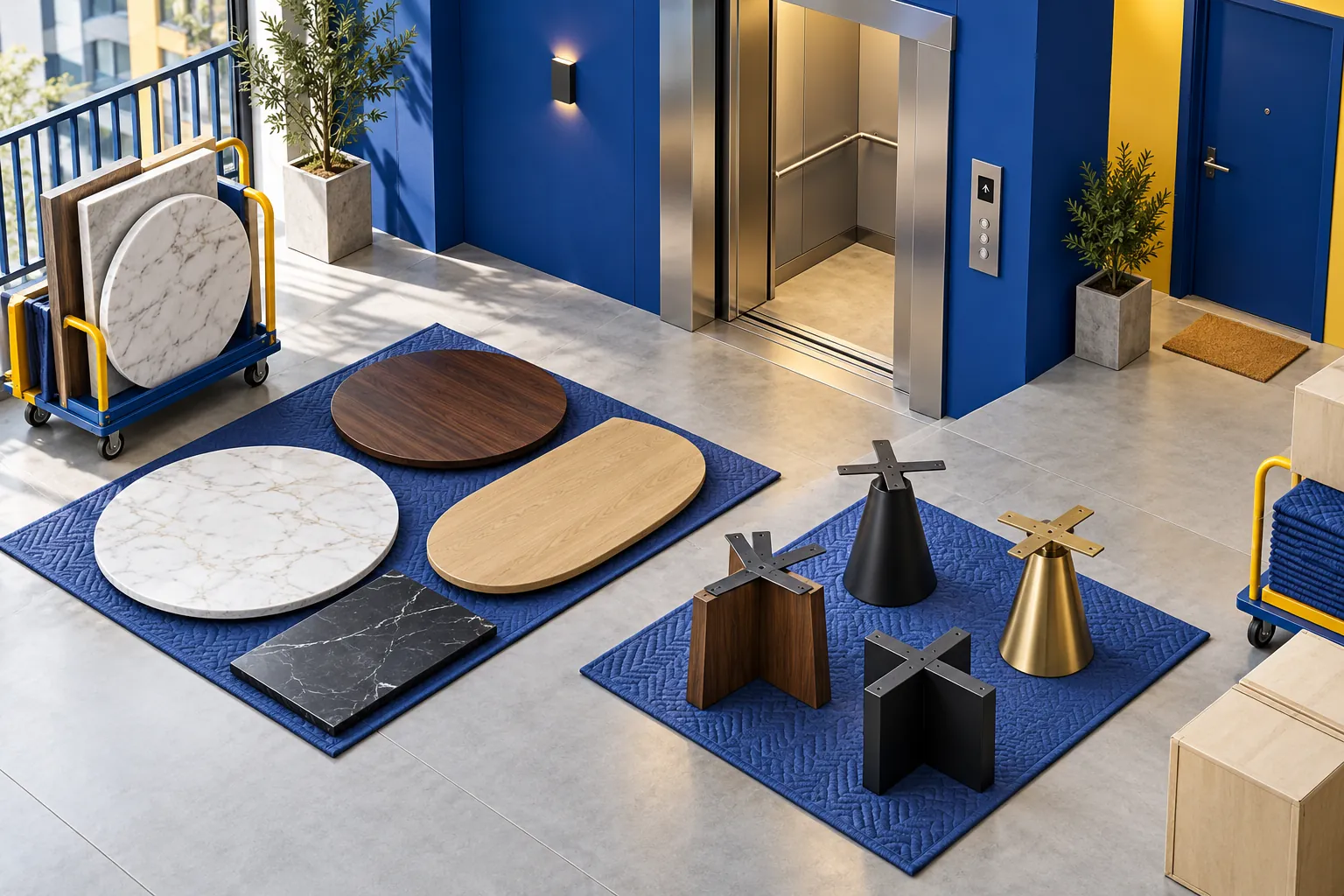 Dining table sections aligned with a model apartment delivery route