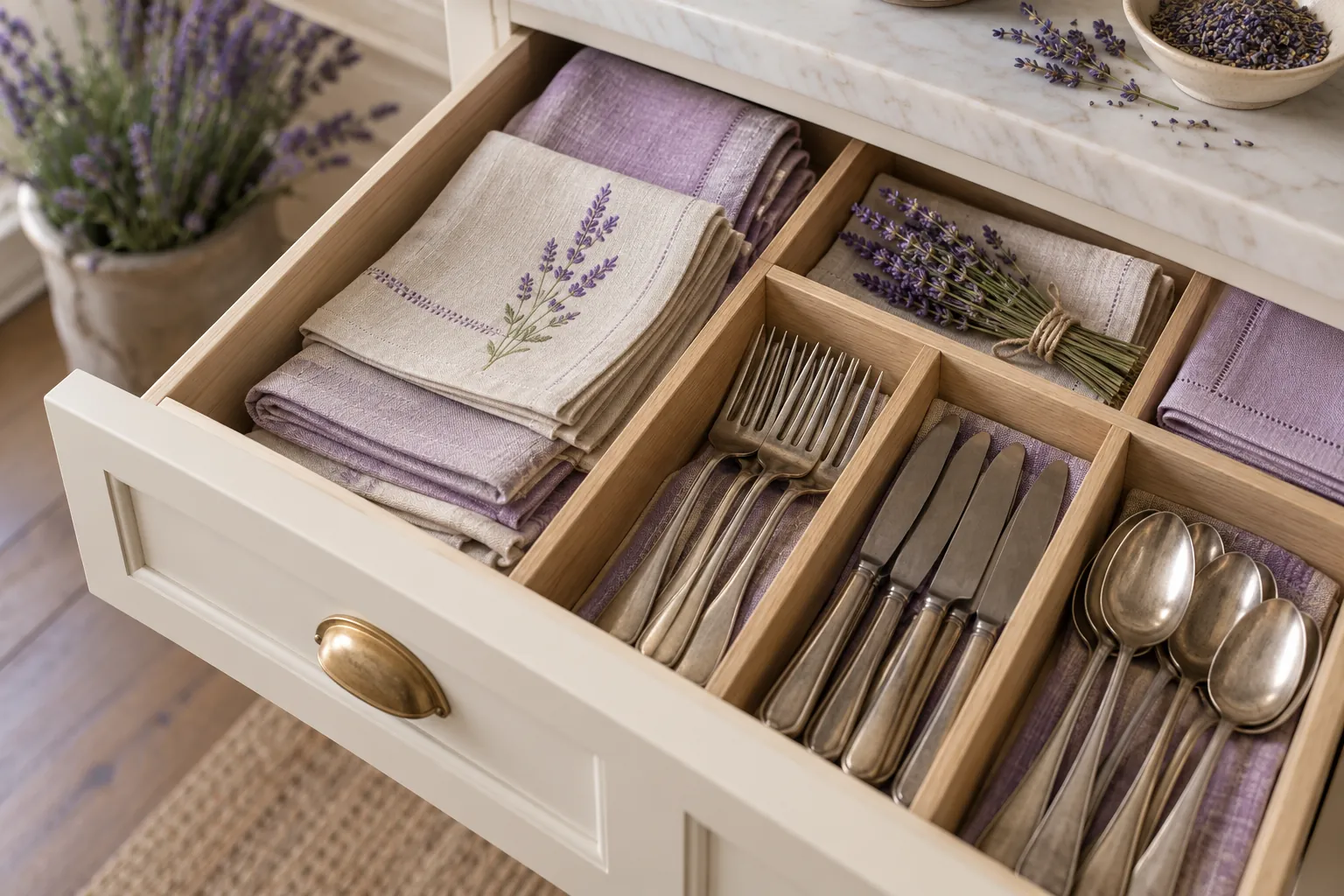 Divided cabinet drawer containing linen napkins and serving utensils